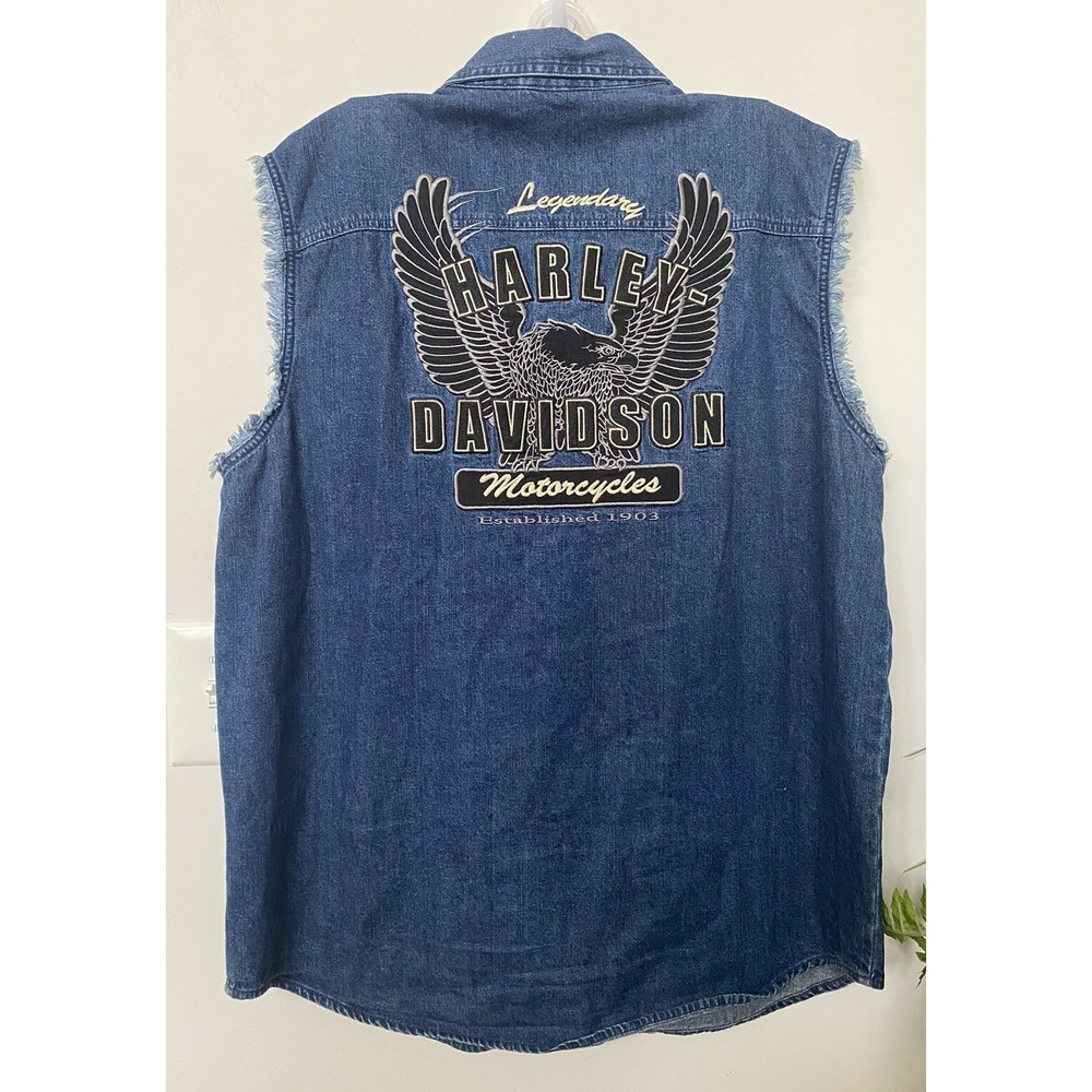 Harley Davidson Men's Denim Vest Biker Embroidered Eagle Sleeveless Blue Size XL - Picture 1 of 4